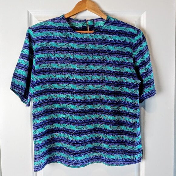 Multicolor Abstract Print Silk Short Sleeve Top - Picture 1 of 4